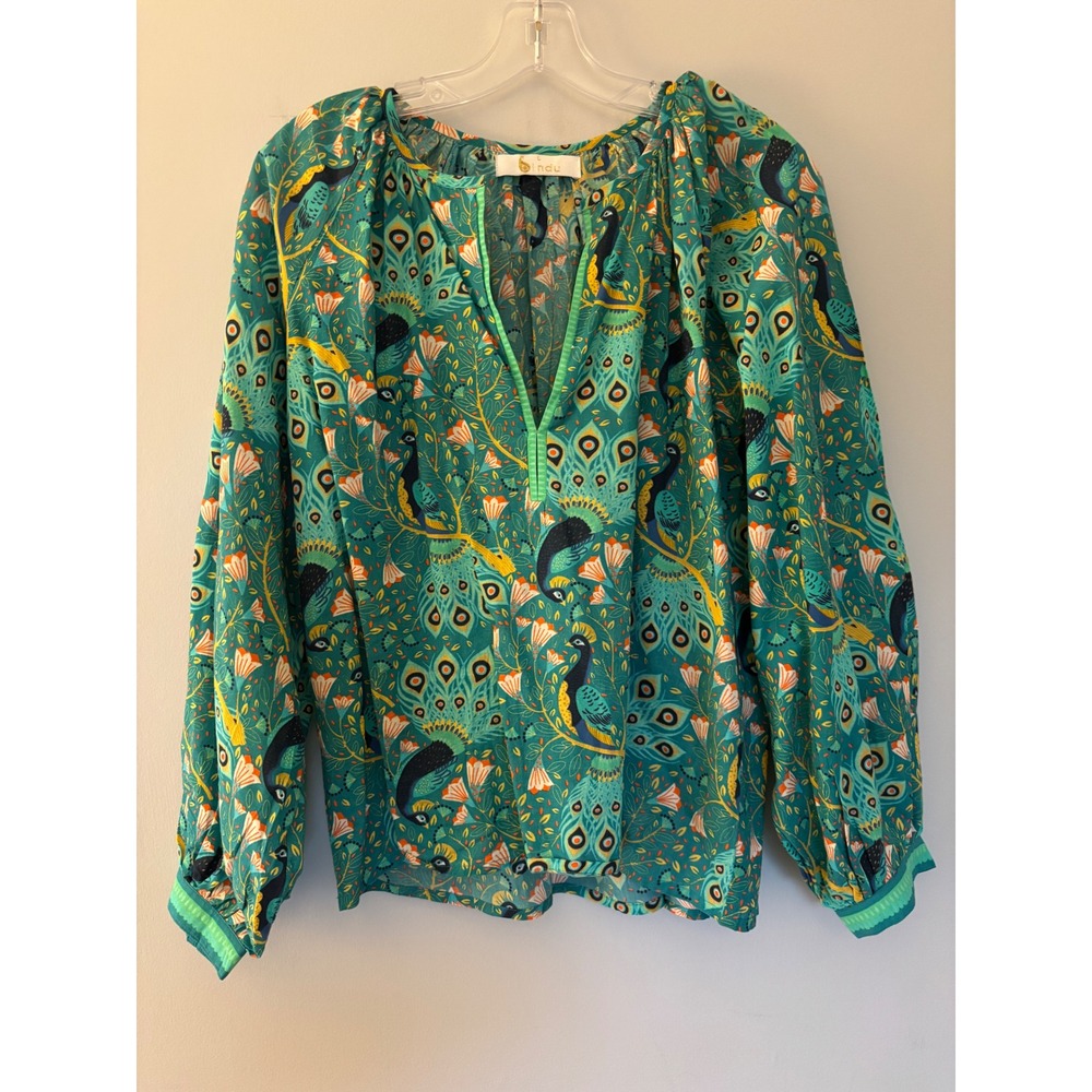 Bindu Peacock Print Blouse Womens Large Teal Cotton Boho V-Neck Balloon Sleeve